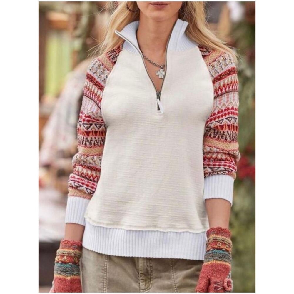 Sundance Women’s Sz S White Quarter Zip Fair Isle Sleeve Sweater Cotton